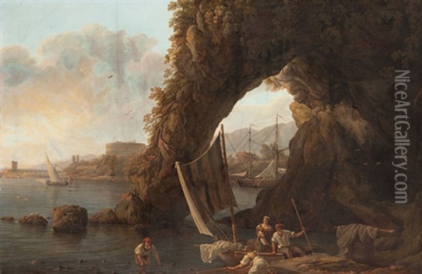 Fischerfamilie Am Ufer Des Tiber, Im Hintergrund Die Ponte Sant'angelo Und Die Engelsburg Oil Painting - Abraham Louis Rodolphe Ducros