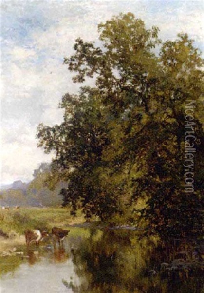 Cattle Watering On The River Mile, Surrey Oil Painting - Walter Wallor Caffyn