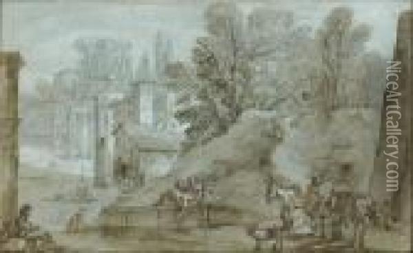 Bergers Et Troupeaux A L'entree D'un Village Des Environs De Rome Oil Painting - Charles Joseph Natoire