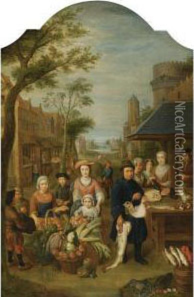 A Village Market Scene With Elegant Figures Near A Fish Stall Oil Painting - Pieter Snyers