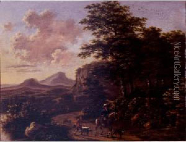 Italianate Landscape With Travelers By A Stream Oil Painting - Willem de Heusch