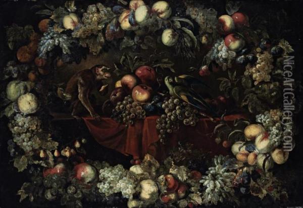 Grapes, Figs And Apples On A 
Partly-draped Table With A Parrot Anda Monkey, Surrounded By A Garland 
Of Pomegranates, Grapes,cherries, Strawberries, And Other Fruit Oil Painting - Frans Snyders