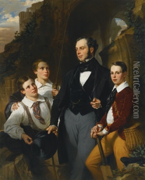 Portrait Of Laurence Davidson And His Three Sons, Three-quarter Length, Standing By Ruins, His Sons Seated Around Him, One Holding A Fishing Rod, The Other Holding A Cricket Bat Oil Painting - Eugene Deveria