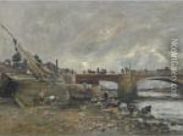 Les Laveuses Sur La Touques Pres Du Vieux Pont Oil Painting - Eugene Boudin