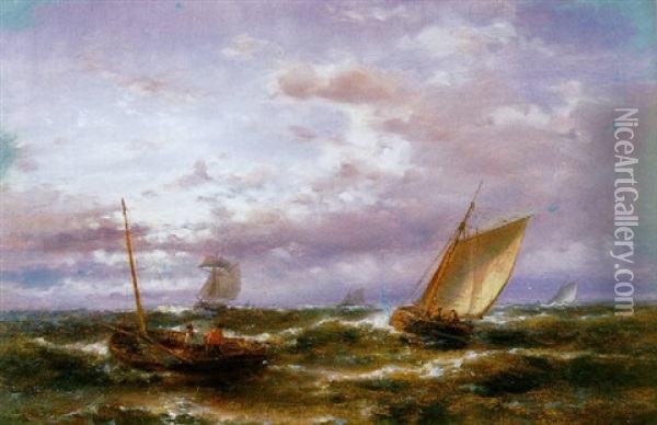 Fishermen Hauling In Nets In Choppy Seas Oil Painting - Abraham Hulk the Elder