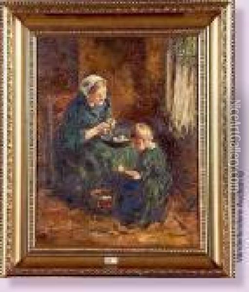 Femme Et Enfant Epluchant Les Pommes De Terre Oil Painting - Jacob Simon Hendrik Kever