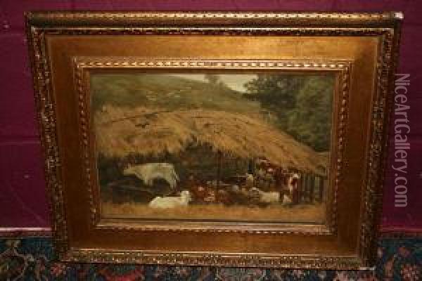 Cattle Resting Under A Straw Shelter Oil Painting - Frank Walton