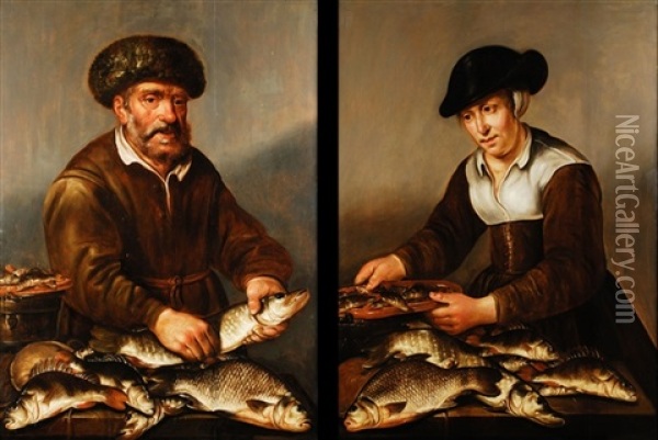 Bildnisse Eines Fischverkaufers Und Einer Fischverkauferin (pair) Oil Painting - Pieter de Putter