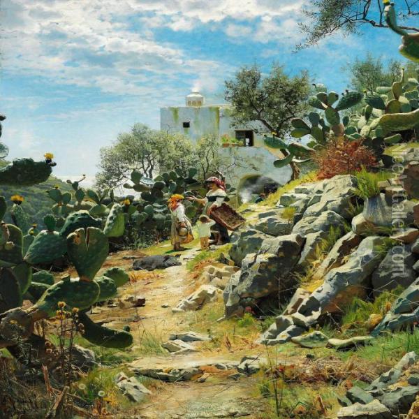 Ved Middagstid I En Cactusplantage Paa Capri Oil Painting - Peder Mork Monsted
