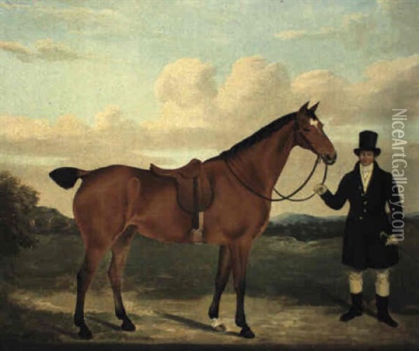 A Gentleman Holding His Hunter In A Landscape Oil Painting - Edmund Ward (E. W.) Gill