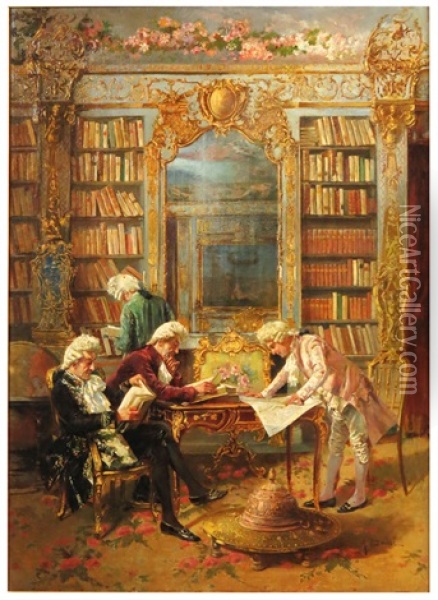 Library Interior With Four Gentlemen Reading Oil Painting - Augusto Daini