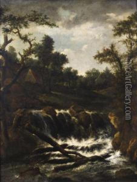 Wooded Landscape With A Cascade A Cottage Beyond Oil Painting - Jacob Salomonsz. Ruysdael