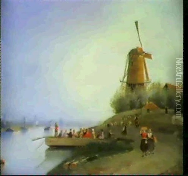Niederlandische Flusslandschaft Mit Einer Fahre Vorn Am Ufernahe Der Windmuhle Oil Painting - David Joseph Bles