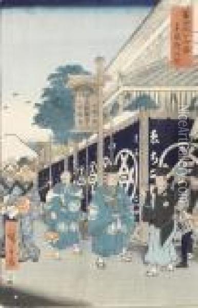 Figurenreiche Strassenszene Mit Musikanten. Oil Painting - Utagawa or Ando Hiroshige