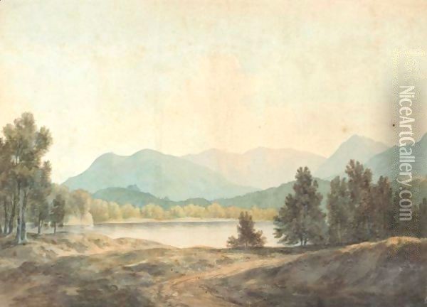 A Lake With Mountains Beyond Oil Painting - John Warwick Smith