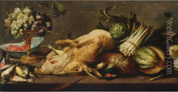 A Still Life Of A Hare, A 
Pheasant, A Partridge, Song Birds, Asparagus, A Melon, Artichokes, 
Together With A Silver-gilt Tazza With Grapes And Shrimps In Wan-li 
Bowls, All On A Wooden Table Oil Painting - Frans Snyders