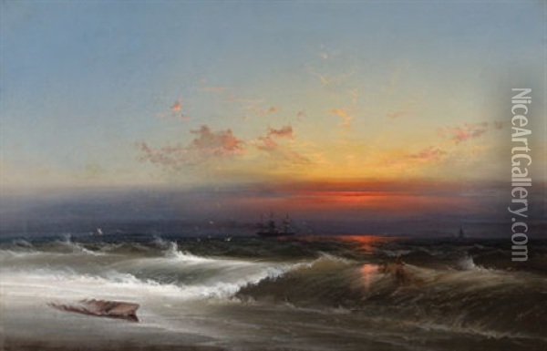 Evening On The Seashore (sunset Breakers Philadelphia Harbor) Oil Painting - James Hamilton