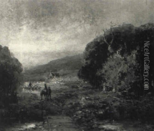 Shepherds Crossing A Bridge Oil Painting - Andrew Melrose