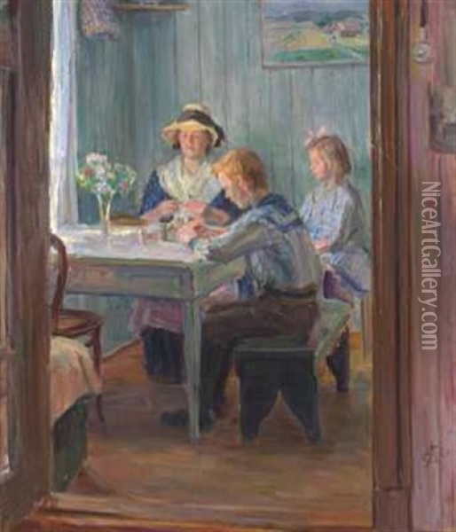 Familiehygge Oil Painting - August Eiebakke