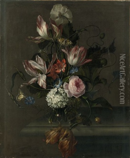 Bouquet De Fleurs Dans Un Vase En Verre Sur Une Table En Marbre Oil Painting - Anna Elisabeth Ruysch
