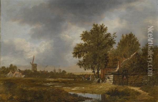 A Haarlem Landscape With Figures Working In The Bleaching Fields, A Village And Windmills Beyond Oil Painting - Anthonie Van Borssom