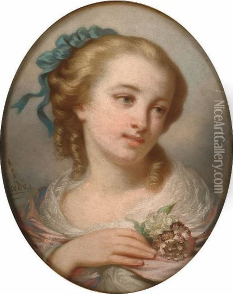 Portrait, Bust Length, Of A Girl Holding Flowers Oil Painting - Louis Eugene Coedes