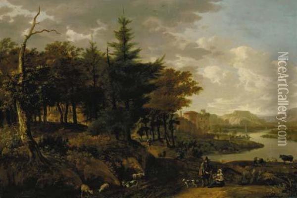 A Wooded River Landscape With A Goatherd, Travellers And Ruins Beyond Oil Painting - Jan Gabrielsz. Sonje