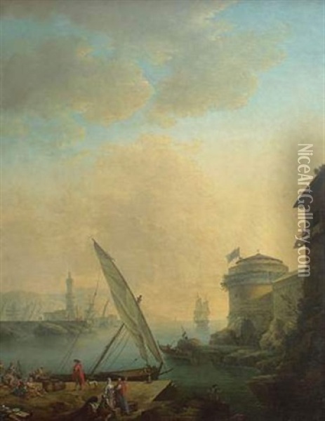 Scene De Port Mediterraneen Avec Un Marchand Oil Painting - Adrien Manglard