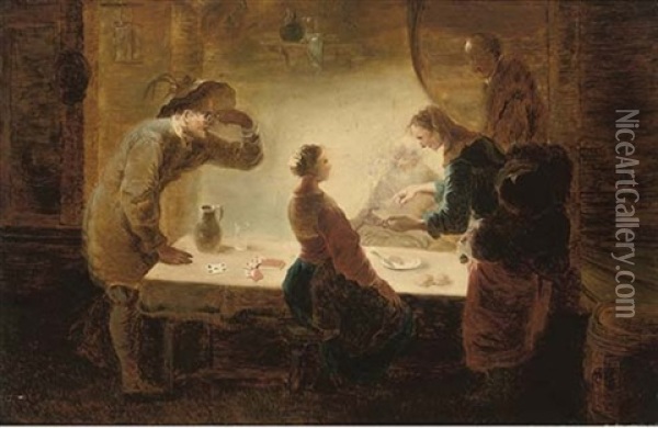 A Fortune-teller Reading A Young Girl's Palm At A Table, With Three Men Watching Oil Painting - Johann Conrad Seekatz