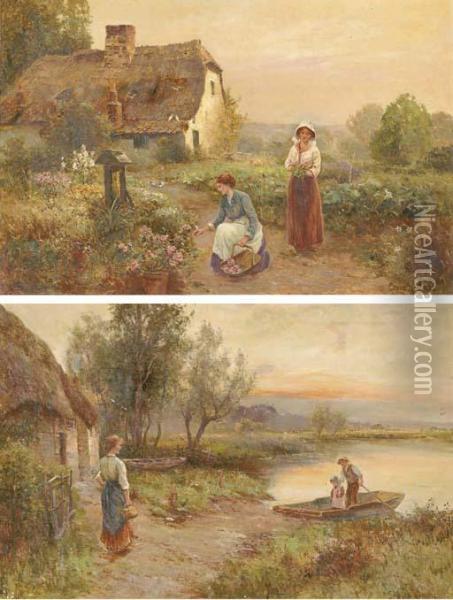 Home Before Dark; And Flower Pickers In A Cottage Garden Oil Painting - Ernst Walbourn
