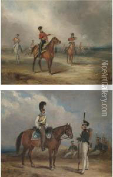 A Cavalry Skirmish; And A Cavalry Officer With An Infantry Officer Oil Painting - Henry Martens