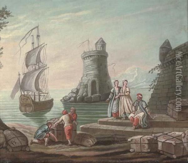 A Mediterranean Harbour With 
Elegant Figures And Fishermen By The Quay, A Ship And A Lighthouse 
Beyond Oil Painting - Abraham Storck