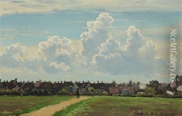 A Strolling Person Near A Larger Village Oil Painting - Johannes Herman Brandt