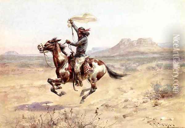 Apache Indian Scout Signalling the Column Oil Painting - Herman Wendleborg Hansen