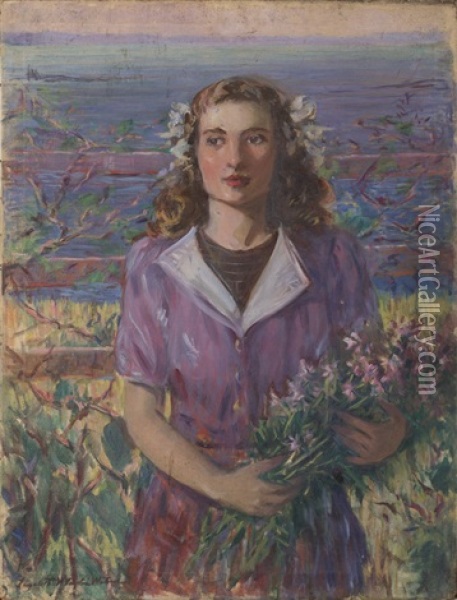 Young Woman Holding A Bunch Of Flowers At The Shore Oil Painting - Elizabeth Villa Taylor Watson