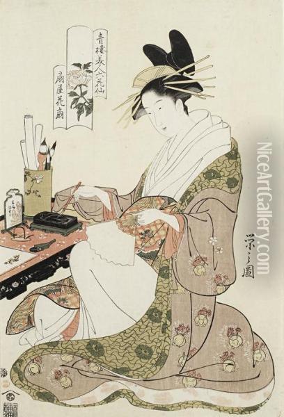 The Courtesan Hanaogi Seated At A Chinese Writing Desk And About To Write A Poem On A Blank Oil Painting - Chobunsai Eishi