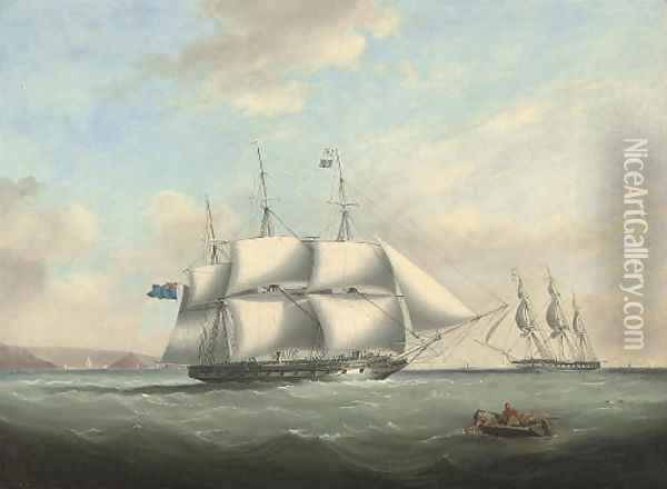 H.M.S. Pique emerging from Plymouth Sound and exchanging signals with an in-bound frigate off her port bow Oil Painting - Nicholas Condy