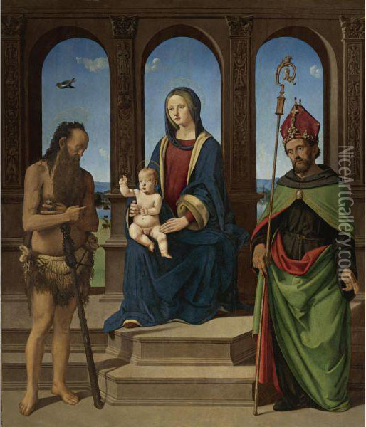 The Madonna And Child Enthroned With Saints Onophrius Andaugustine Oil Painting - Piero Di Cosimo