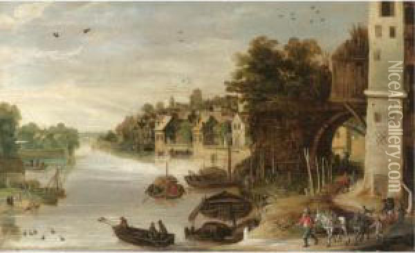 A Village Scene By A River, Said To Be A View Of Treviso Oil Painting - Philippe I De Momper