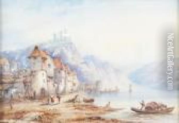 Continental Lake Scene Oil Painting - Edwin St John