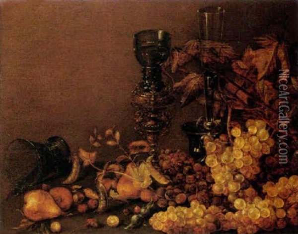 Still Life Of Red And White Grapes, Pears, Cherries, Hazelnuts And Peas, Together With A Wine Glass, An Upturned Roemer And A Roemer On A Gilt Stand Oil Painting - Roelof Koets the Elder