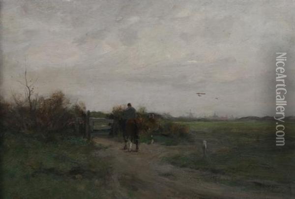 Horse And Rider In Dutch Landscape Oil Painting - Charles Paul Gruppe