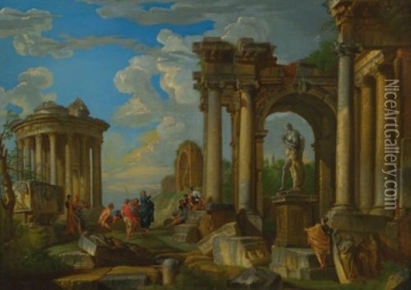 Roman Ruins With Classical Figures Oil Painting - Giovanni Paolo Panini