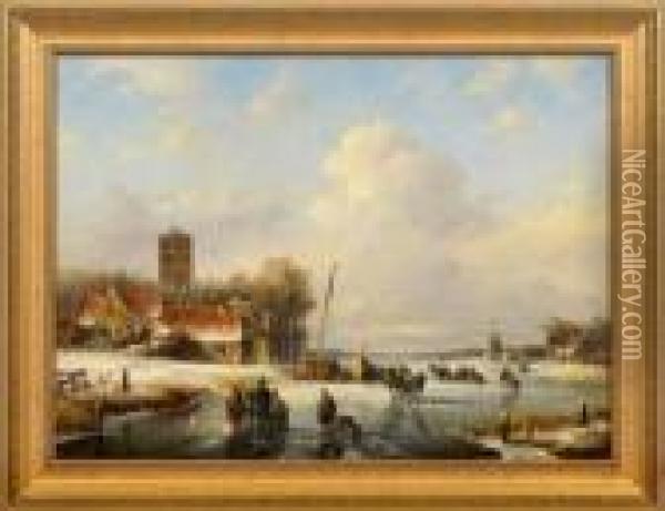 Winterlandschaft Mit Eisvergnugen Auf Einem Flusslauf Oil Painting - Lodewijk Johannes Kleijn