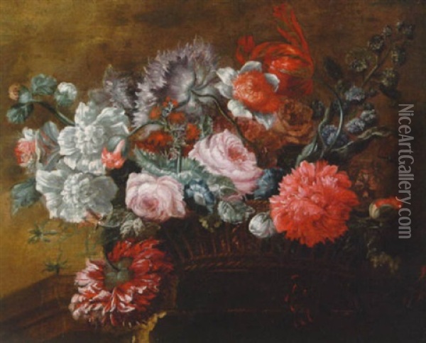 A Basket Of Flowers On A Pedestal Oil Painting - Pieter Casteels III