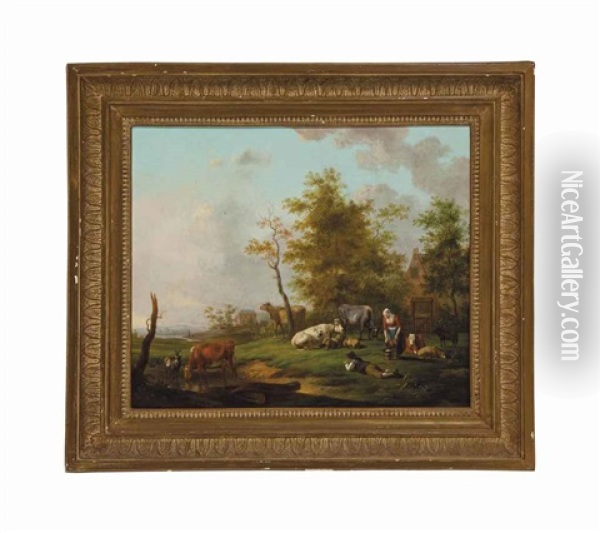 A Landscape With A Shepherd Resting And A Milkmaid Tending To Farm Animals Oil Painting - Jan van Os