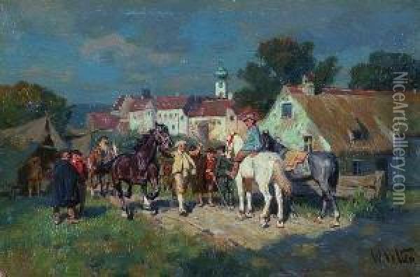 Pferdehandel Vor Einem Alten
 Stadtchen. Oil Painting - Wilhelm Velten