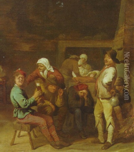 A Tavern Interior With Peasants Drinking And Smoking Beside A Fire Oil Painting - Pieter Jansz Quast
