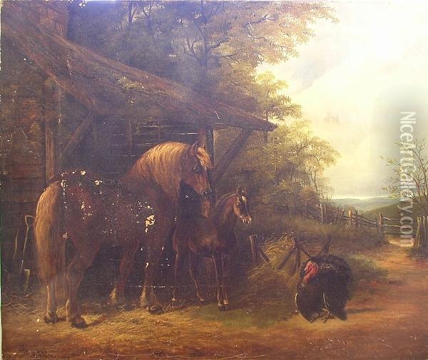 Horses And Turkey Before A Stable Oil Painting - Henry Charles Woollett
