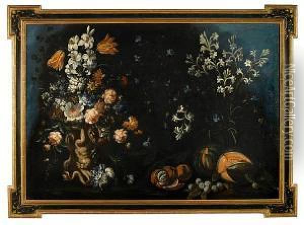 A Still Life Of Flowers And Fruit Oil Painting - Andrea Ii Scacciati